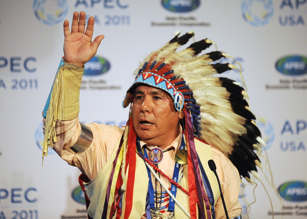 Leonard Bends gives a blessing at the APEC Ministerial Meeting welcome reception in Big Sky, Montana.