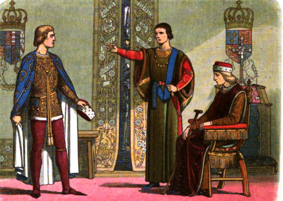 Illustration showing Henry VI seated while Richard Plantagenet, and Edmund Beaufort have an argument