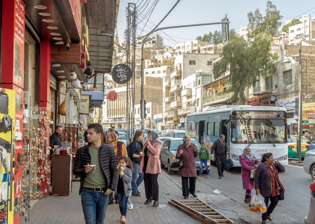 Pedestrians walk along busy urban  street in Amman