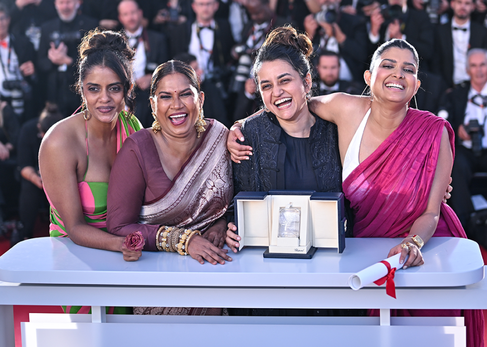 Kani Kusruti, Chhaya Kadam, Payal Kapadia and Divya Prabha pose with the Grand Prix Award for 'All We Imagine As Light' at Cannes.