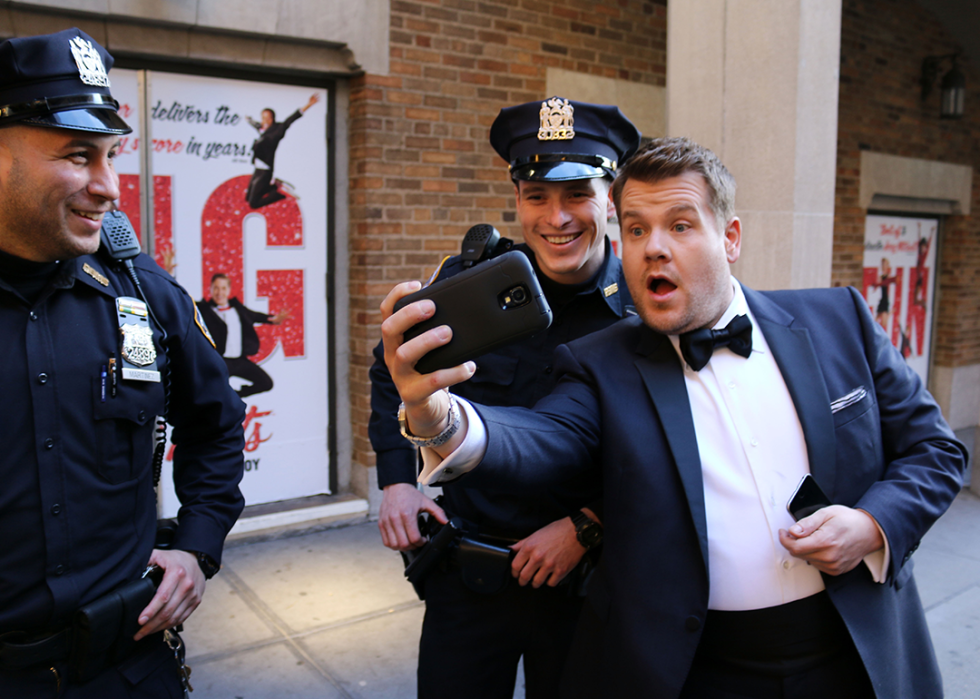 James Corden films a ‘Carpool Karaoke’ promo in Times Square.