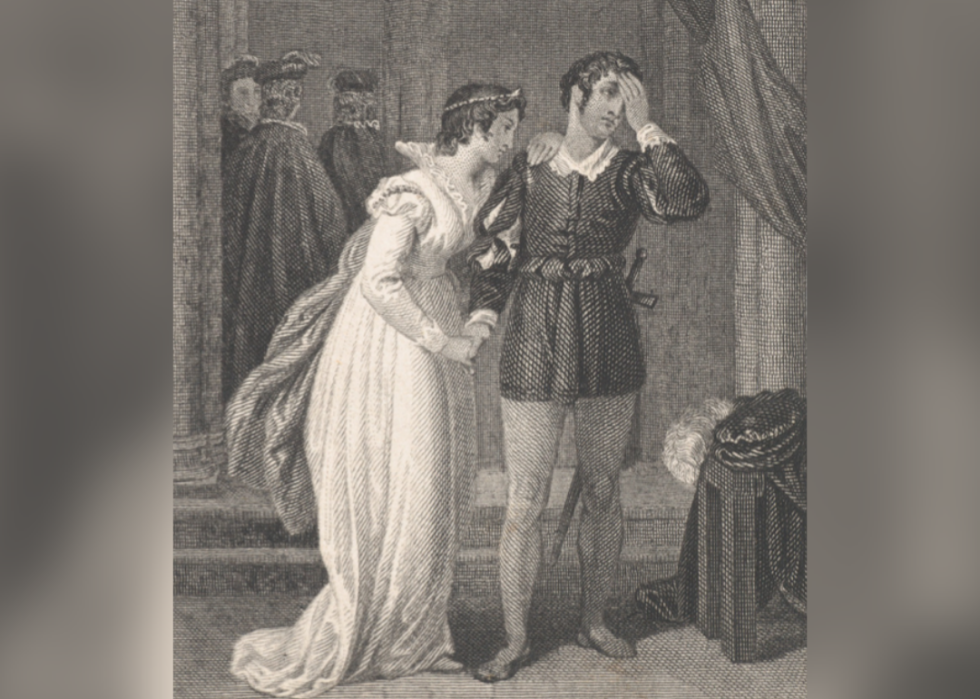 Illustration of Queen Margaret and Suffolk in a scene from Henry VI