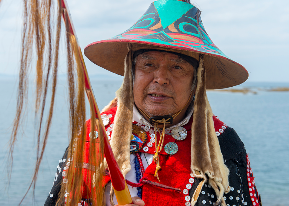 A Tlingit tribe elder in traditional dress in the village of Kake, Alaska.