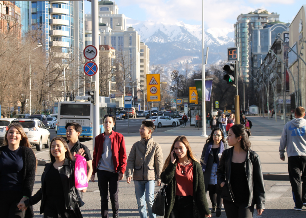 Pedestrians and traffic on the streets of Almaty