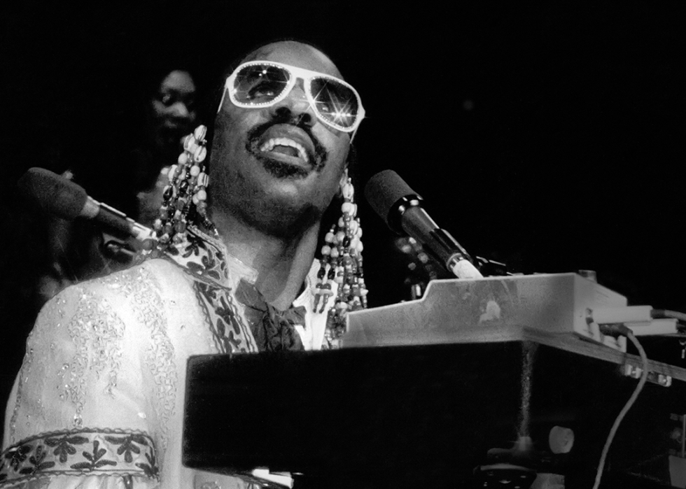 Stevie Wonder performing at piano.