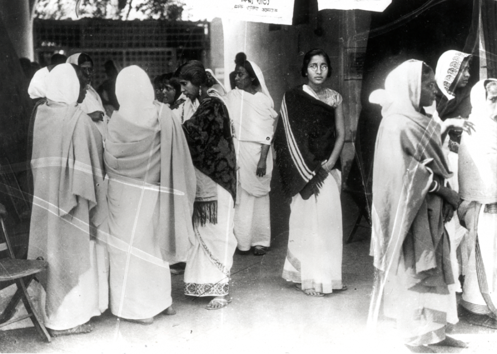 Women in India stand in line to vote