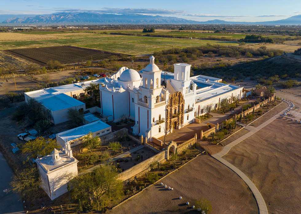 Aerial view of Mission San Xavier del Bac in the Tohono O'odham Nation Indian Reservation.