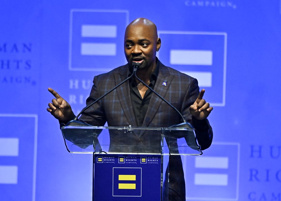Brian Michael Smith speaks at the 2023 Human Rights Campaign Los Angeles Dinner.