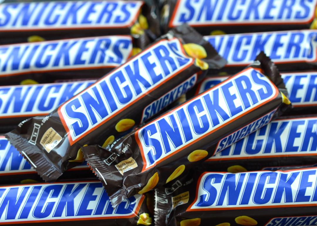 Close up multiple Snickers bars.