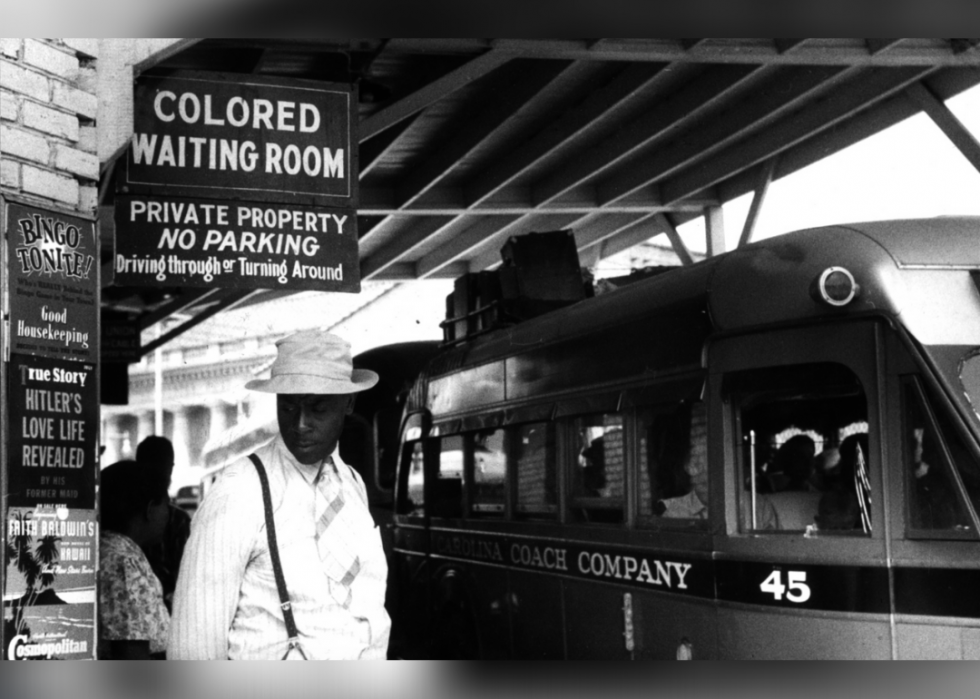 Sign for the "colored" waiting room at a bus station in Durham, North Carolina, May 1940.
