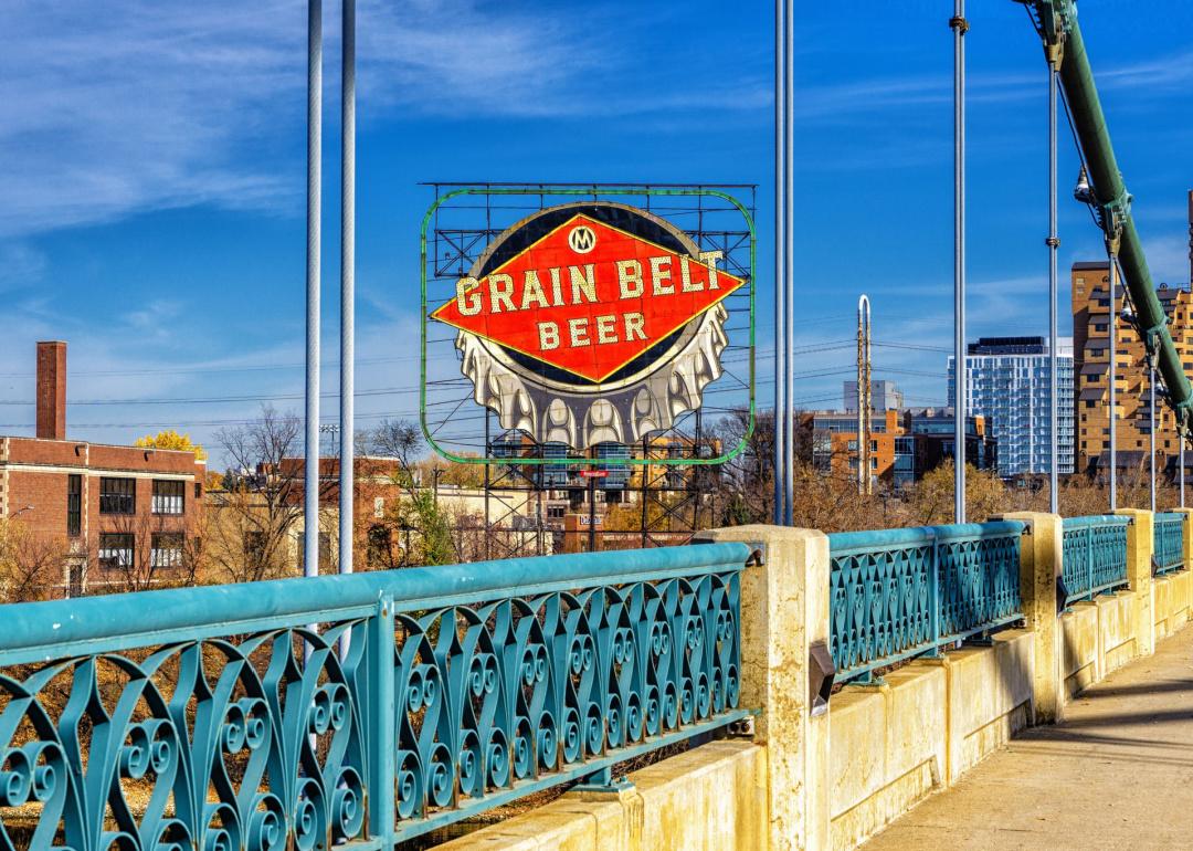 Grain Belt Beer sign over Nicollet Island in downtown Minneapolis.
