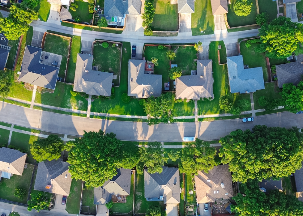 Aerial view suburban houses.