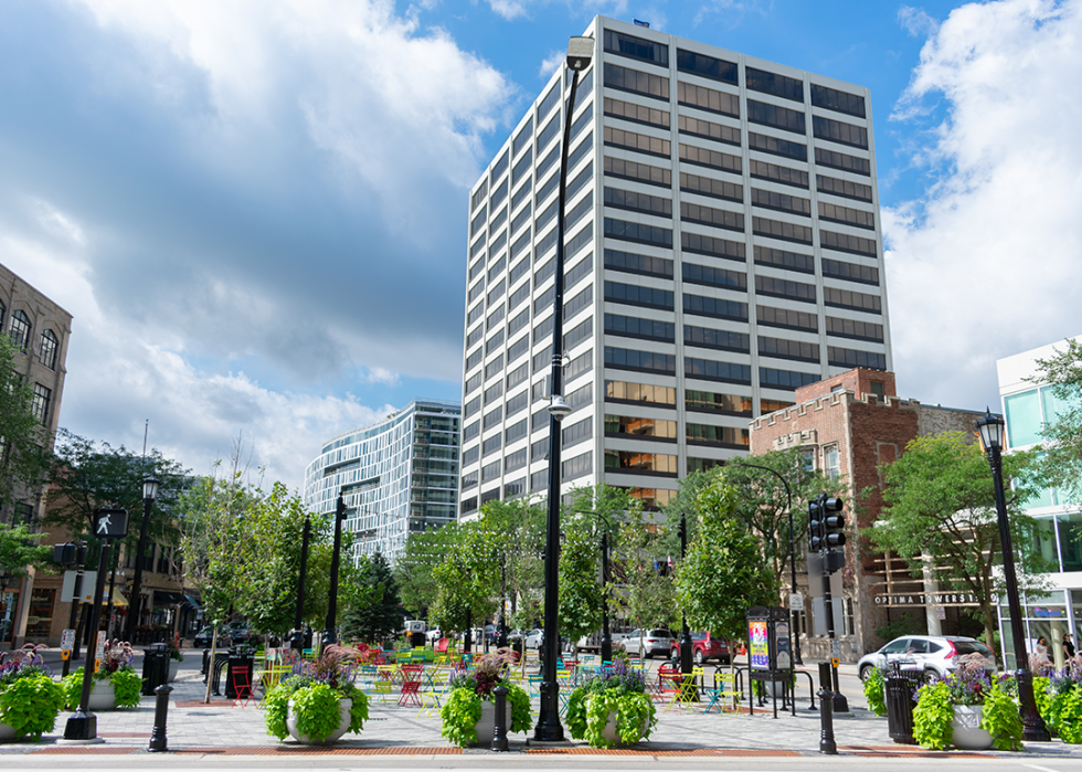 Buildings and park area in downtown Evanston.