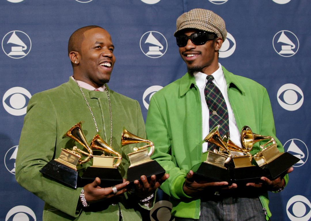 Big Boi and Andre 3000 pose with Grammy Awards.