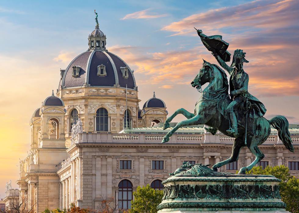 Statue of Archduke Charles on Heldenplatz square and Museum of Natural History dome.