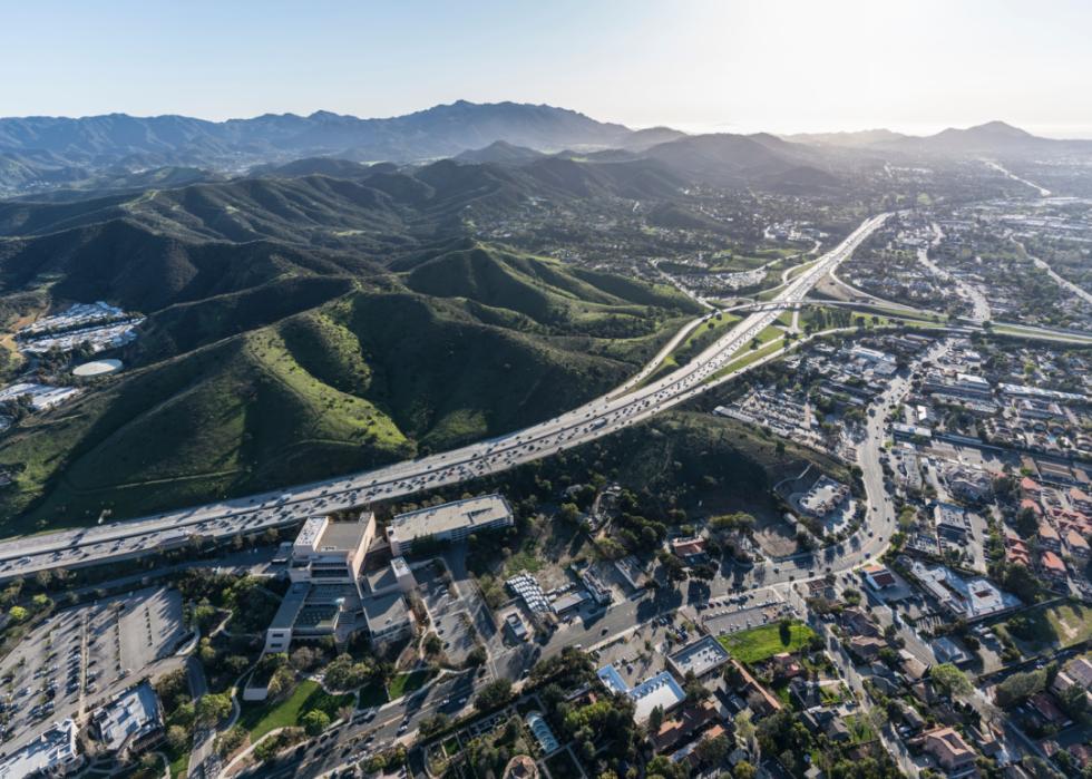 Aerial view of Ventura 101 freeway and suburban Thousand Oaks.
