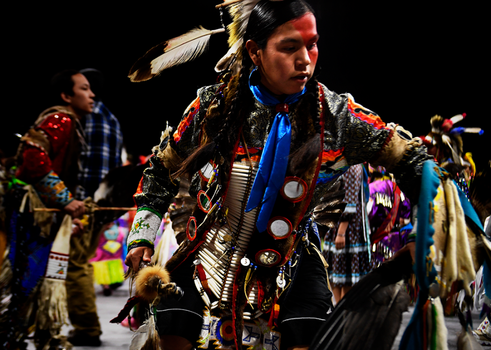 Dylan Ashley, a member of the Oglala Lakota tribe dancing at the Denver March Powwow.