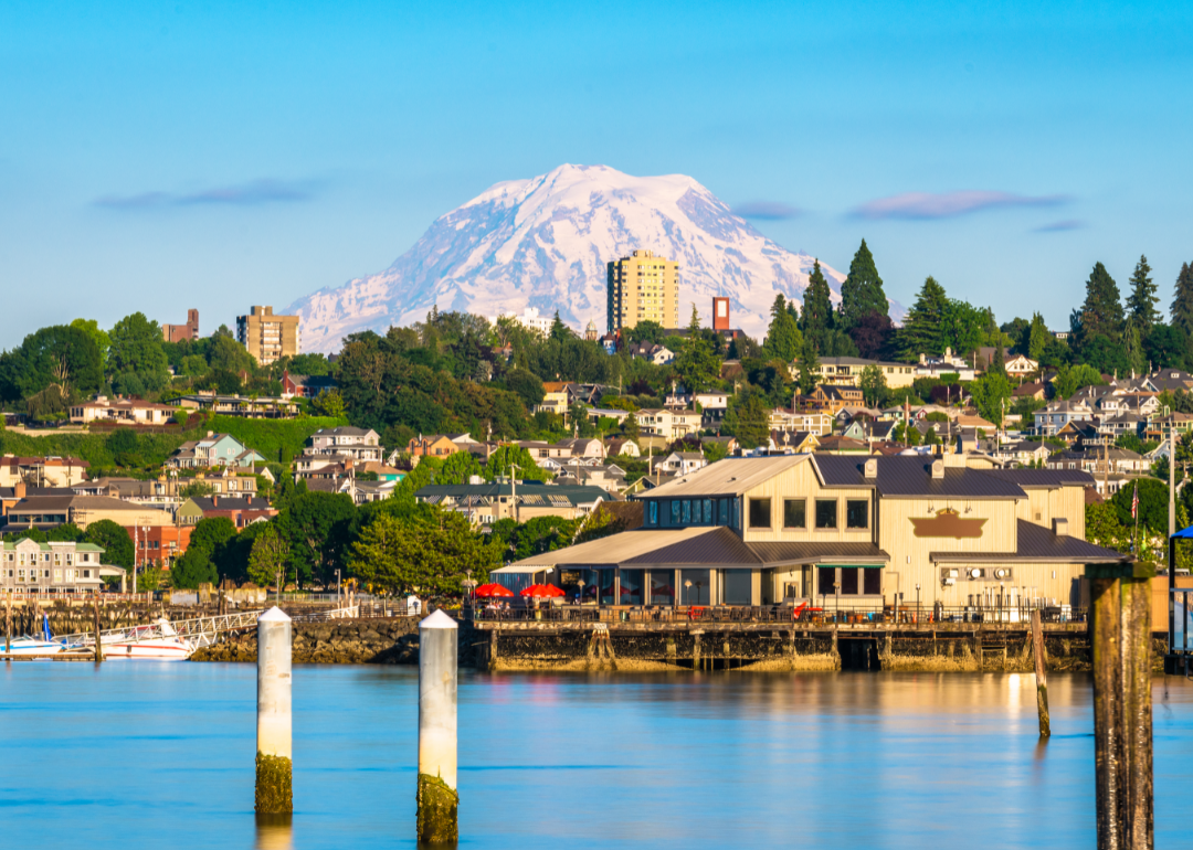 Tacoma waterfront with Mount Rainier in background.