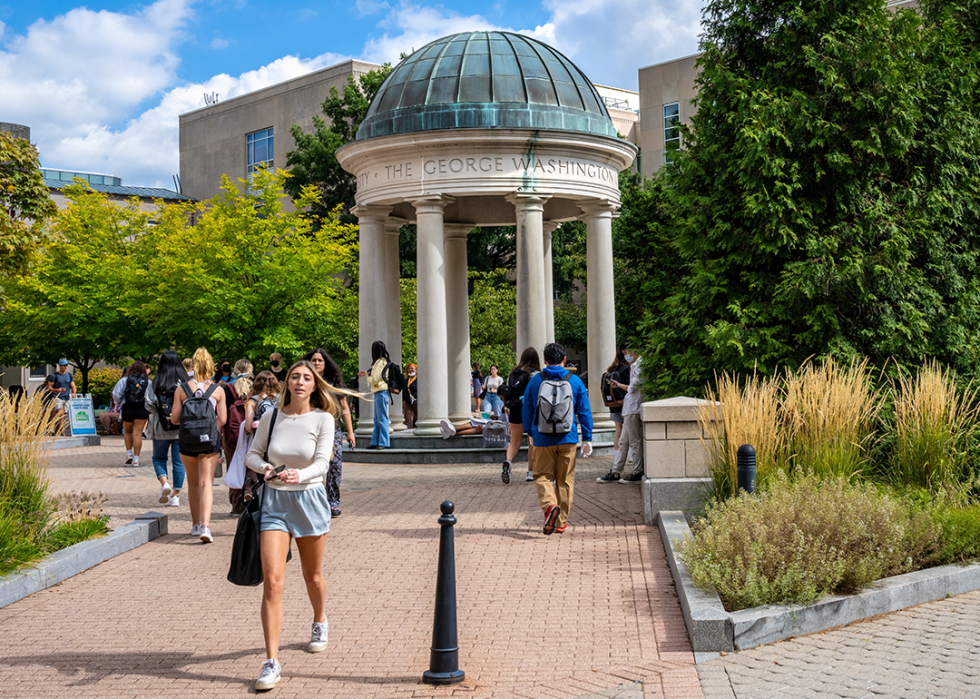 Students walking through Kogan Plaza at the center of George Washington University Campus.