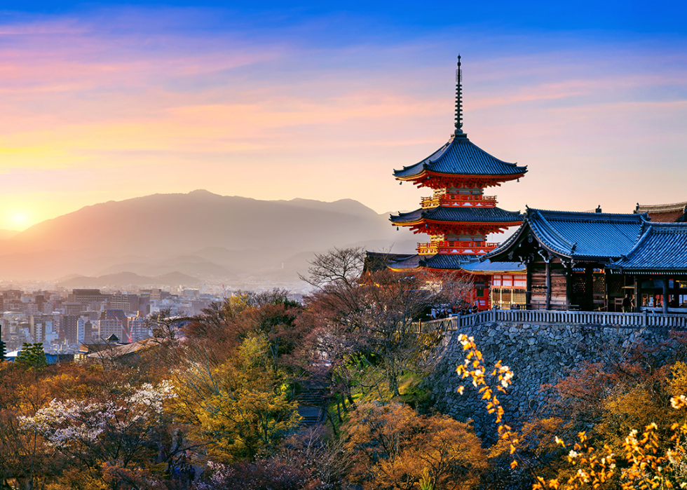 Kiyomizu temple at sunset in Kyoto.