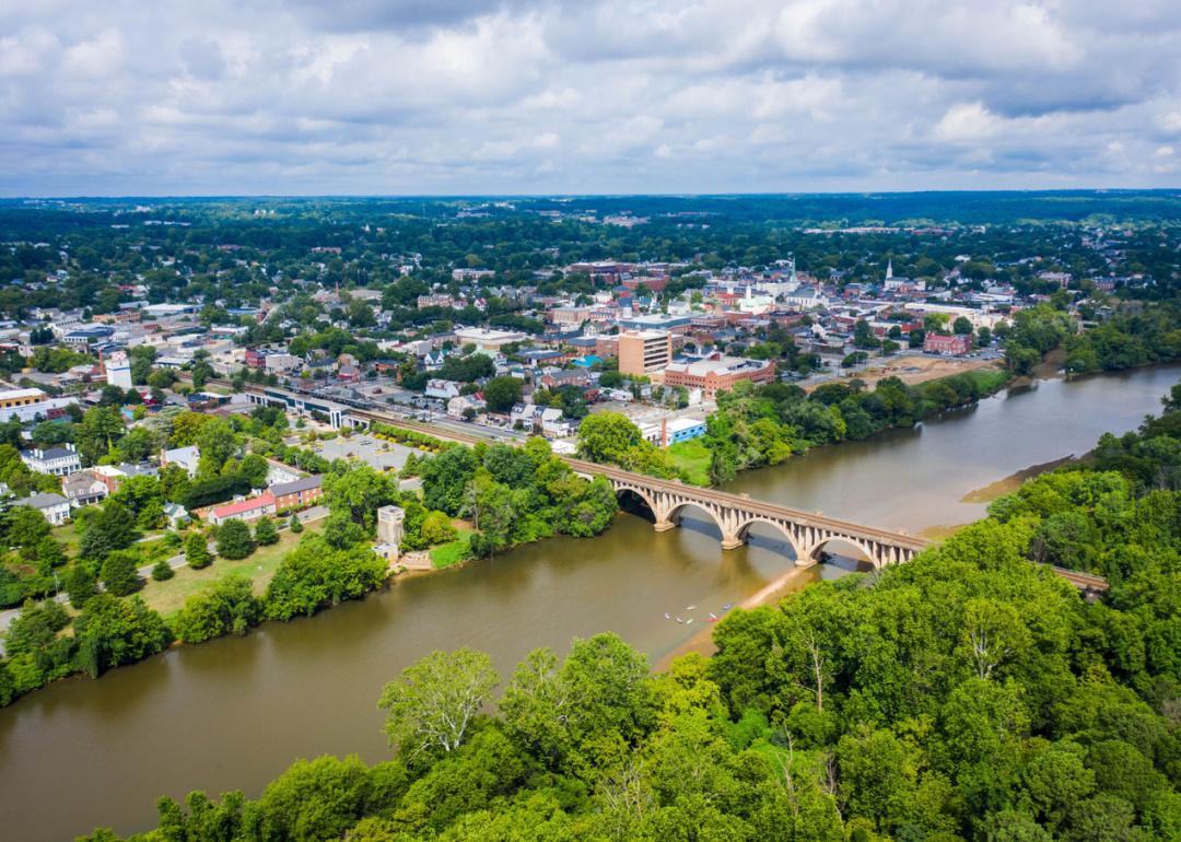 Aerial view of Fredericksburg and bridge over river.