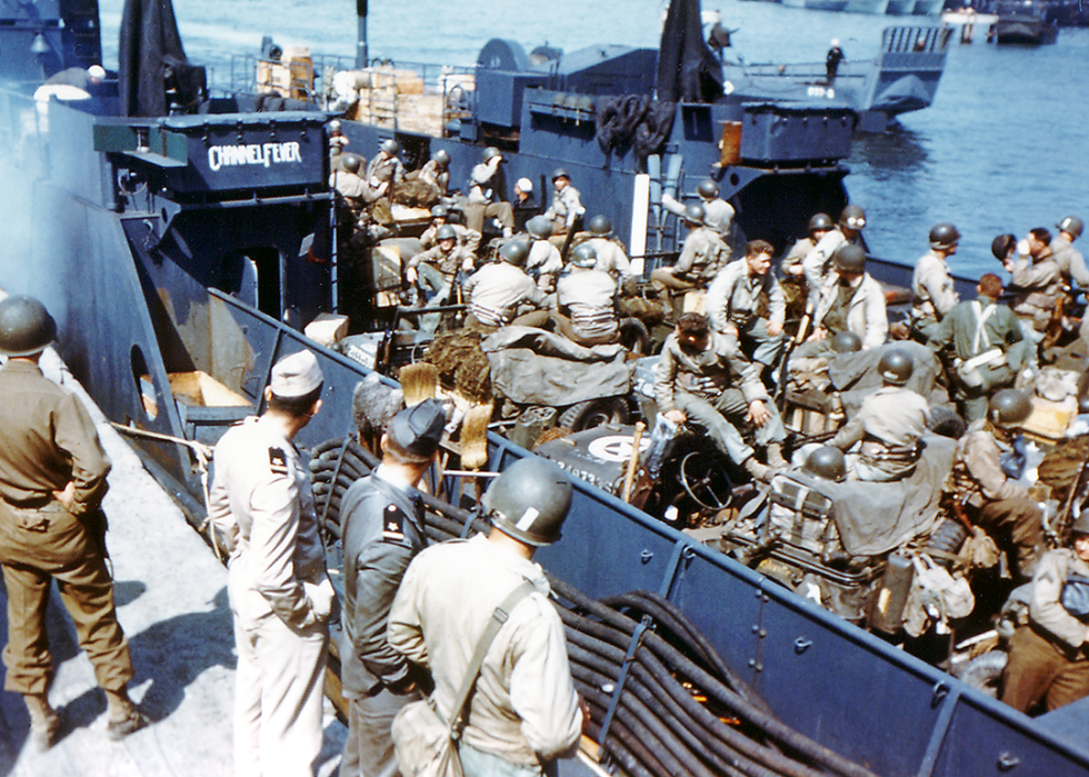 Soldiers of the 1st Infantry Division of the US Army have boarded the Landing Craft Transport (LCT) named Channel Fever in Southern England on June 5.