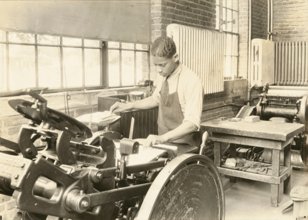 Young man operating a printing press