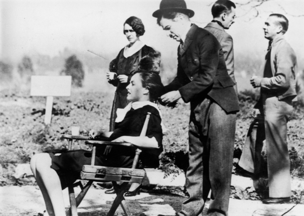 Charlie Chaplin with Paulette Goddard on the set of ‘Modern Times’.