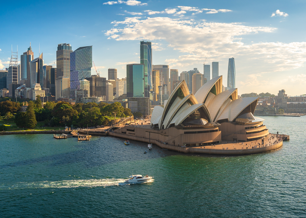 Aerial view of Sydney Harbor and Opera House.