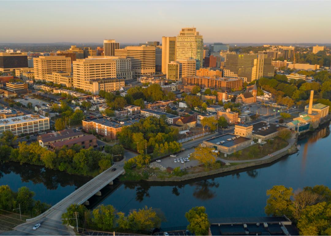 Aerial view with early morning light in downtown Wilmington.