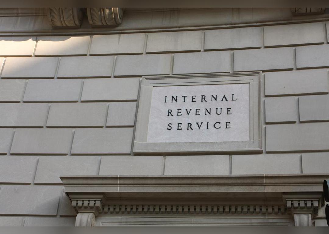 A close up on the exterior of the Internal Revenue Service building. 