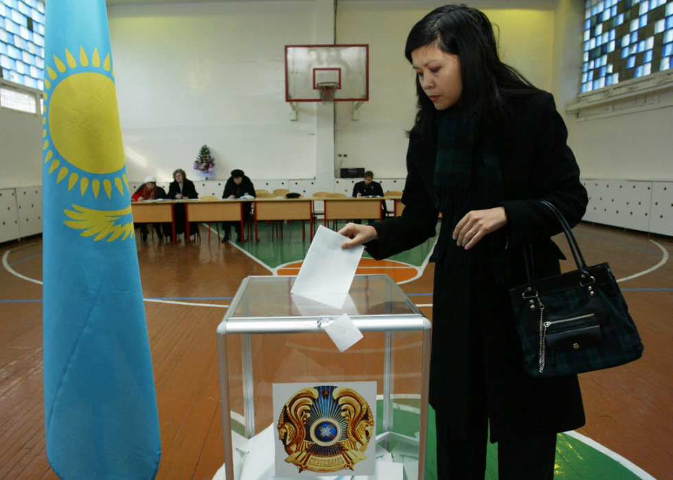 A woman casts her vote in a polling station in Almaty, Kazakhstan on Dec. 4, 2005