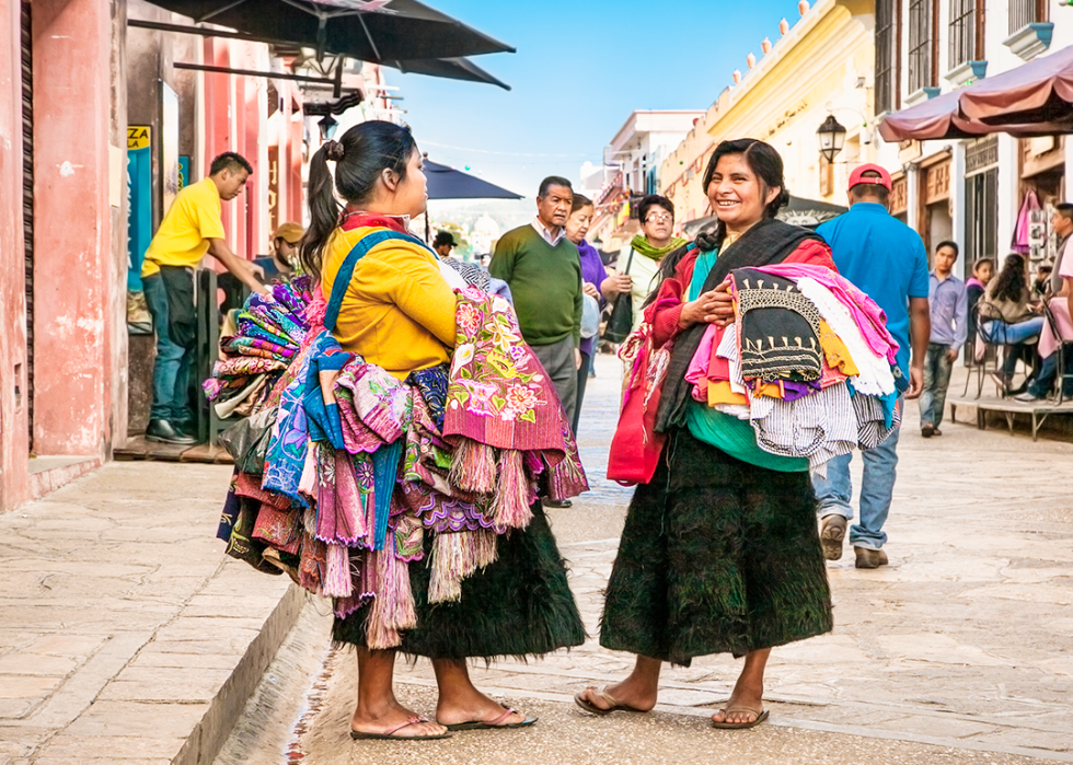 Tzotzil Maya people selling traditional clothing pose in San Cristobal, Mexico.