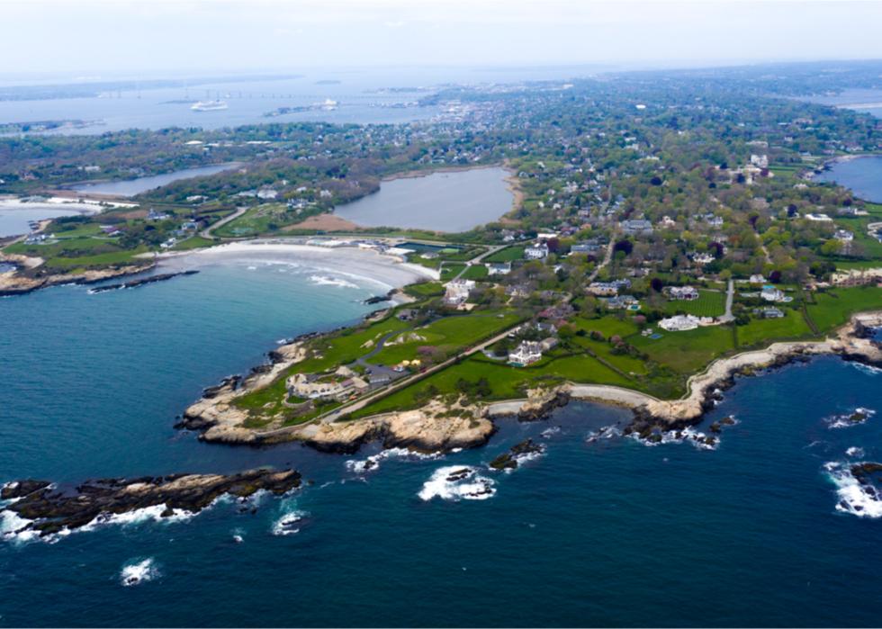 An aerial view of Newport and the coast.