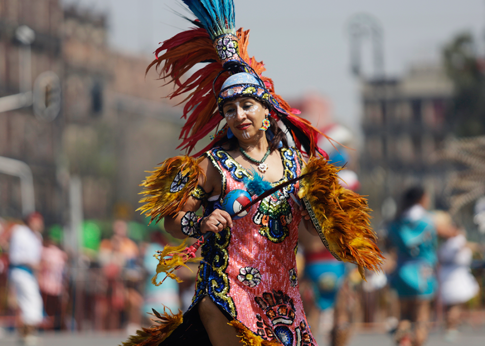 Pre-Hispanic dancers in the Zocalo in Mexico City on the occasion of the Mexica New Year 11 Carrizo.