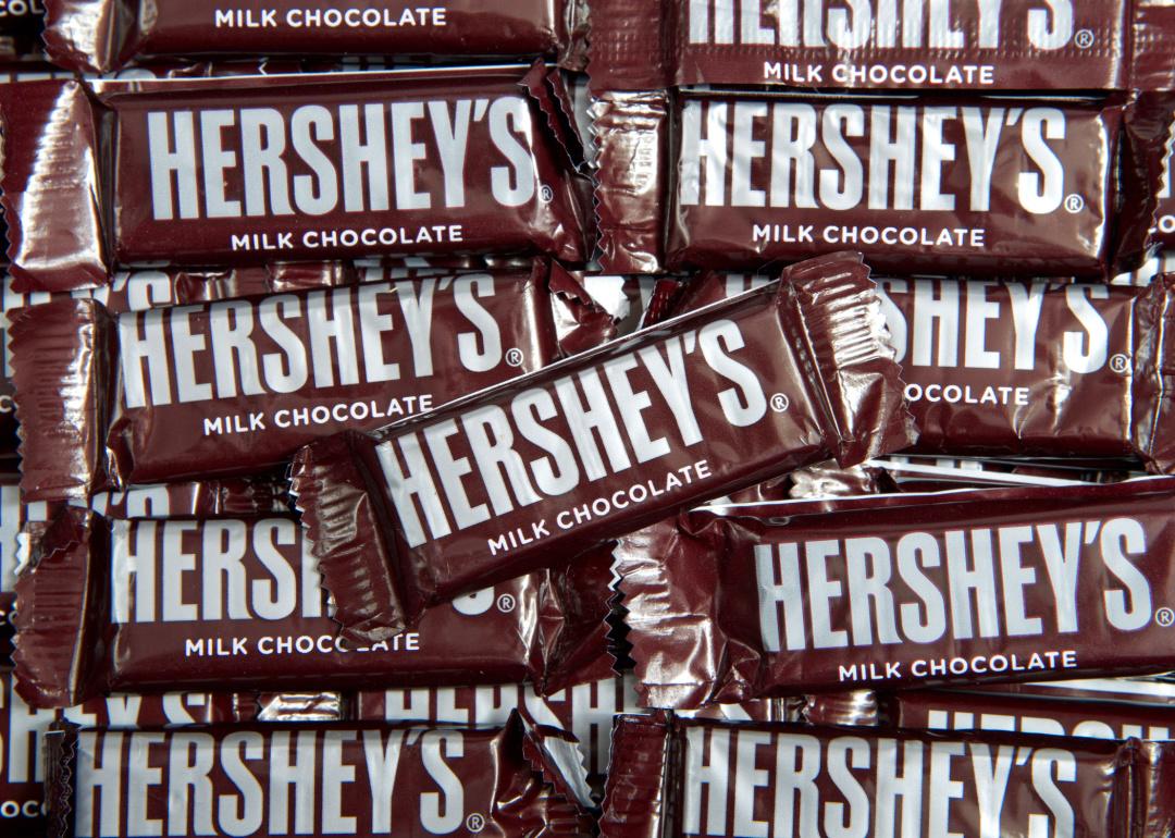 Group of Hershey's fun sized chocolate bars.