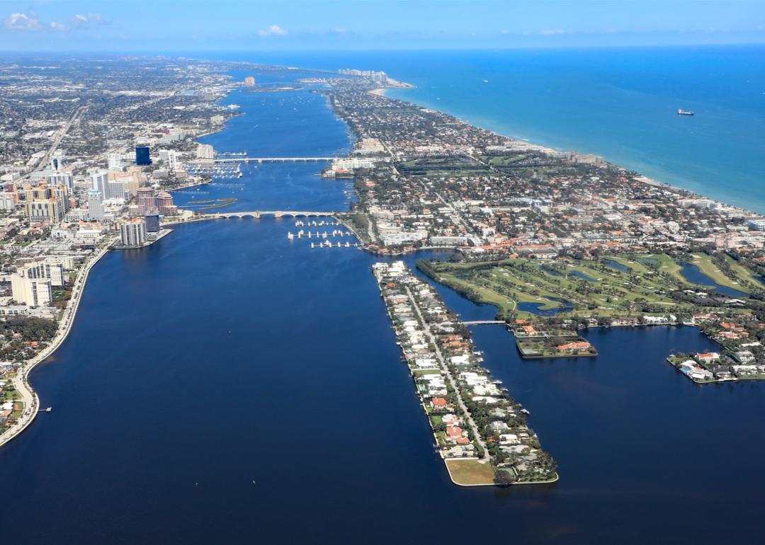 An aerial view of the waters of South Palm Beach, Florida.