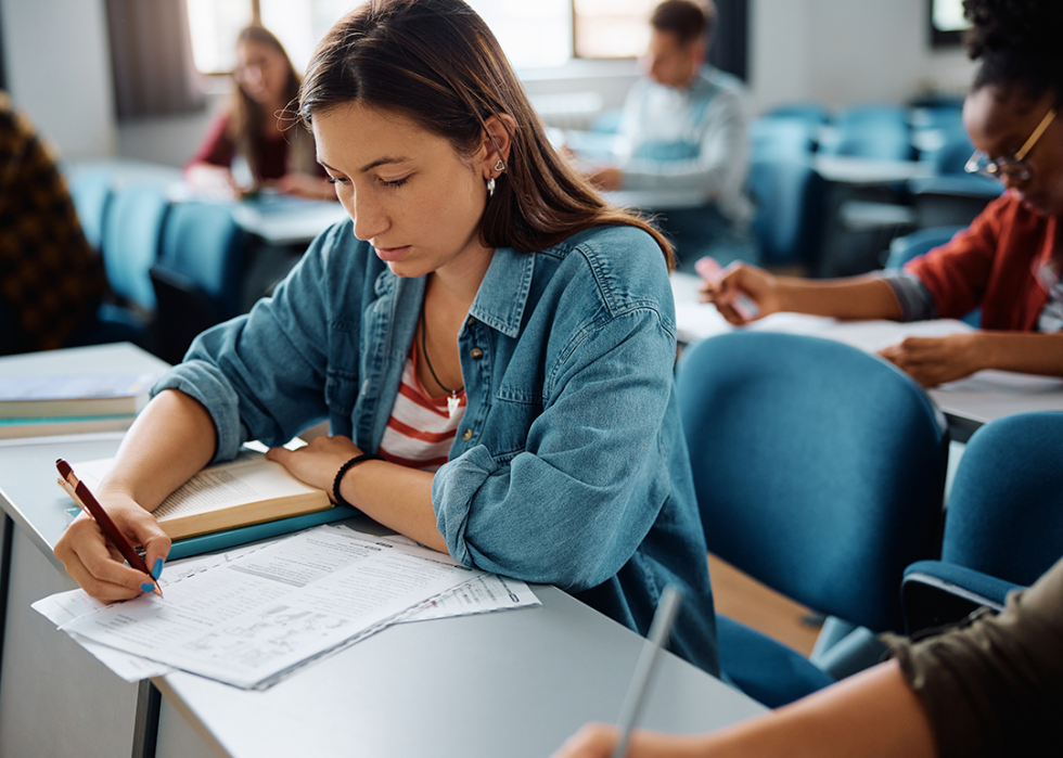 Student taking standardized test in classroom.