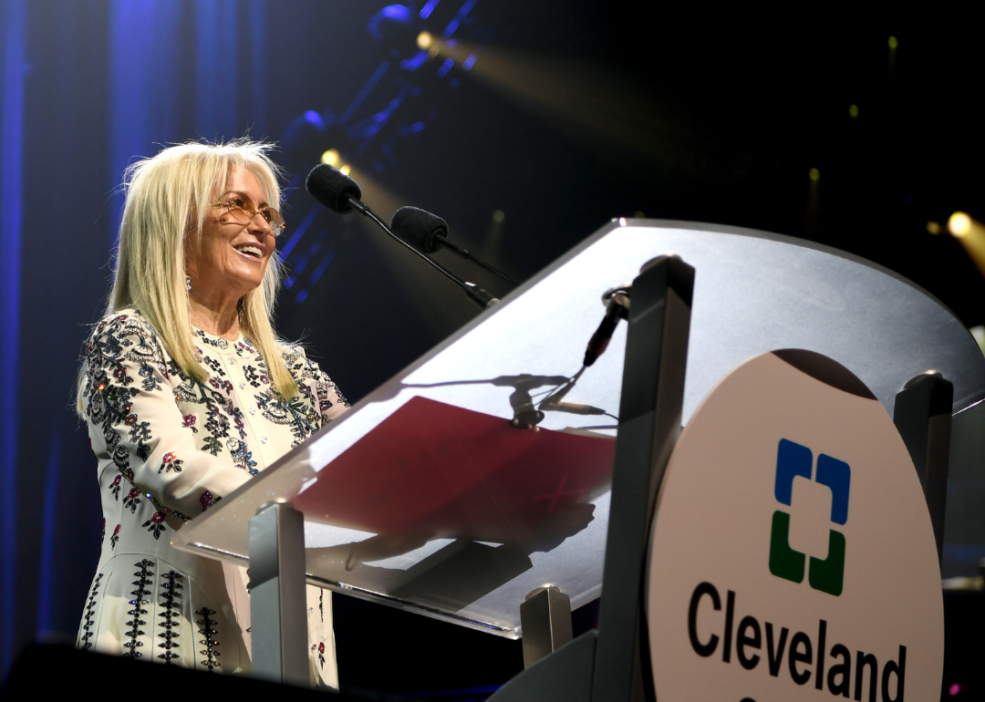 Miriam Adelson speaks onstage at event.