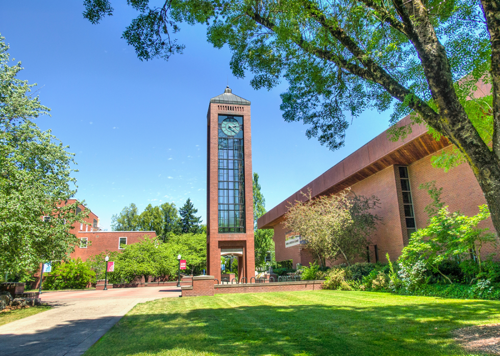 Whipple Clock Tower and Mark O. Hatfield Library on the campus of Willamette University.