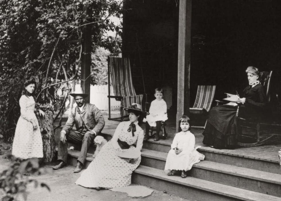 Group of people sitting on porch