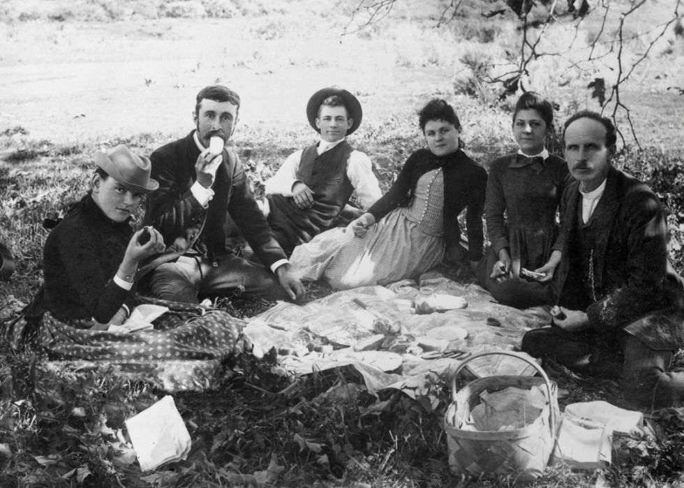 Group of six sitting at outdoor picnic