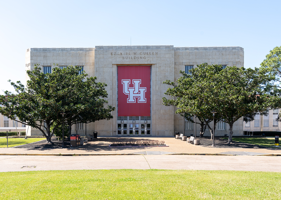 The UH sign on the Ezekiel W. Cullen building on the University of Houston campus.