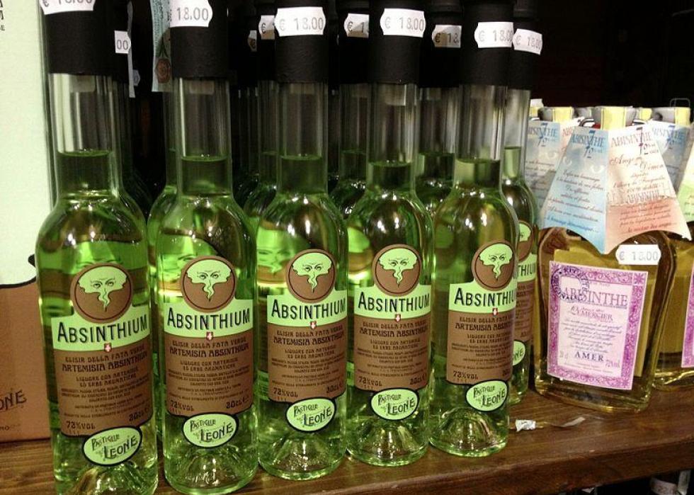 Bottles of absinthe alcohol.