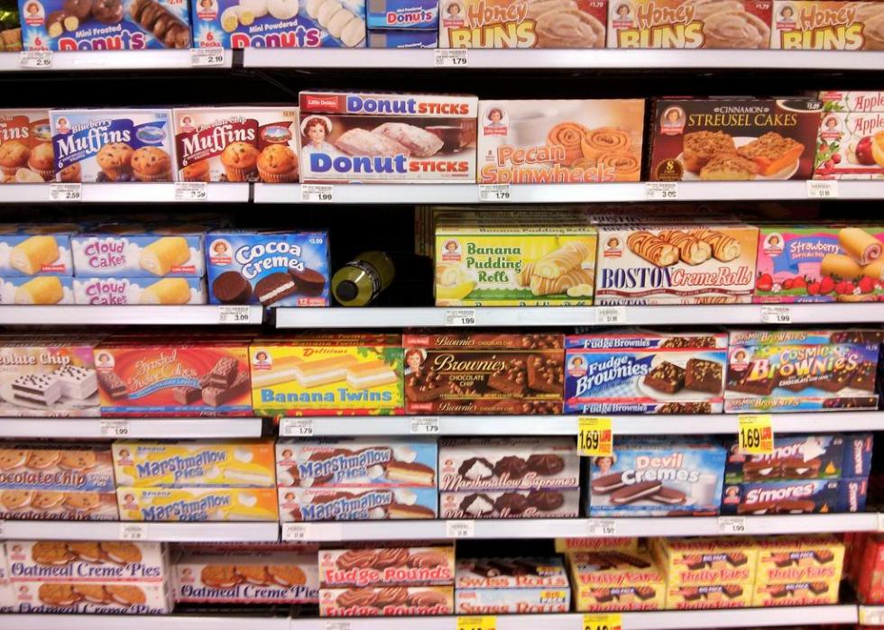 A shopping aisle of assorted boxed sweets.