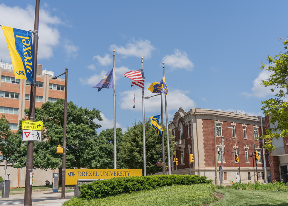 Drexel University entrance sign and flags in Philadelphia.