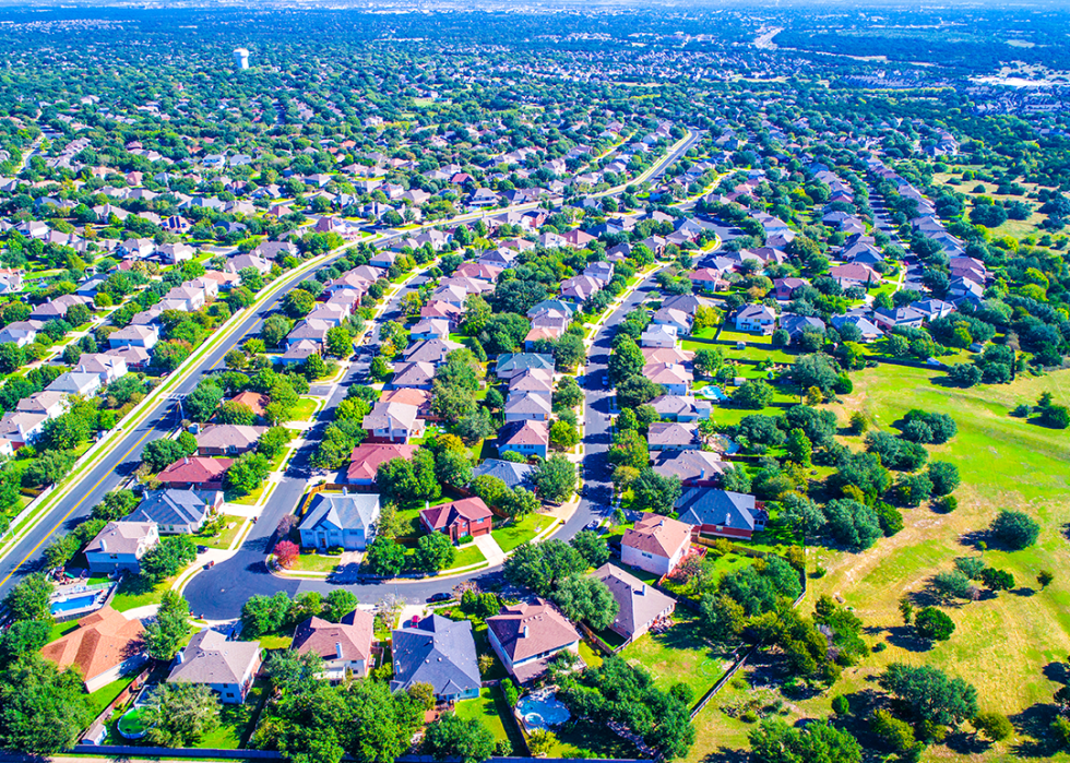 Aerial view of suburban homes in Round Rock.