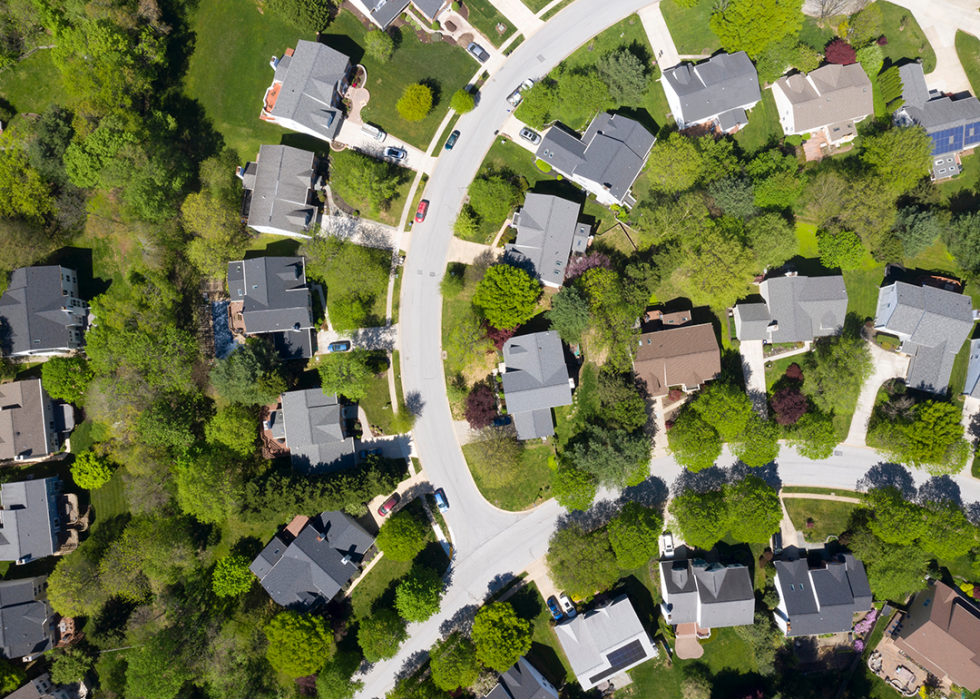 Aerial view of upscale residential neighborhood.