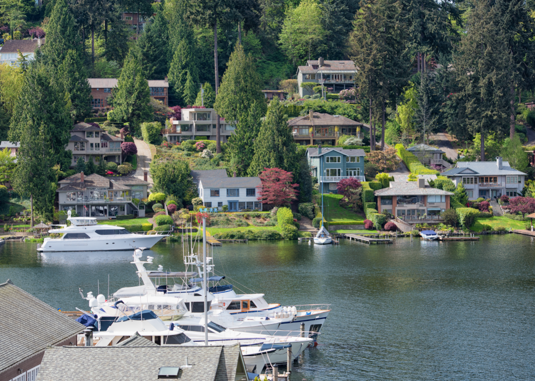 Waterfront homes and boats in Bellevue, Washington.