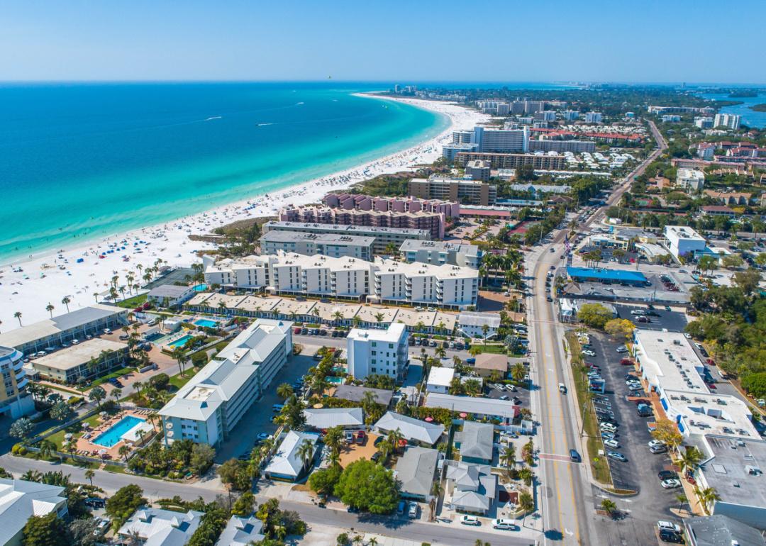 Aerial view of beach and high rise buildings at Siesta Key.
